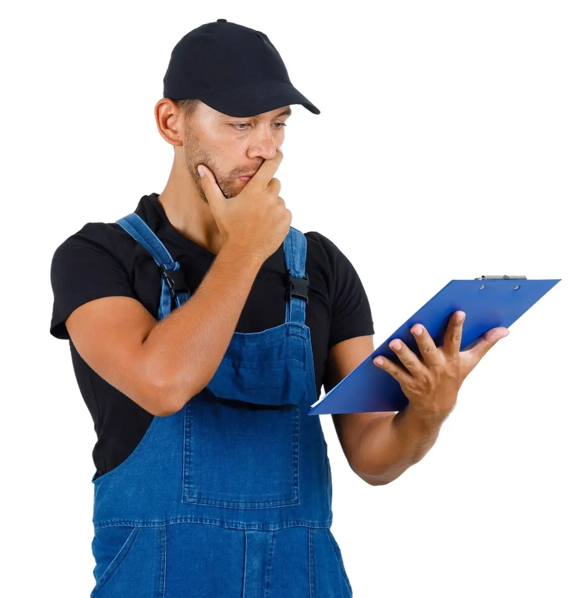 Worker reviewing notes on a clipboard.