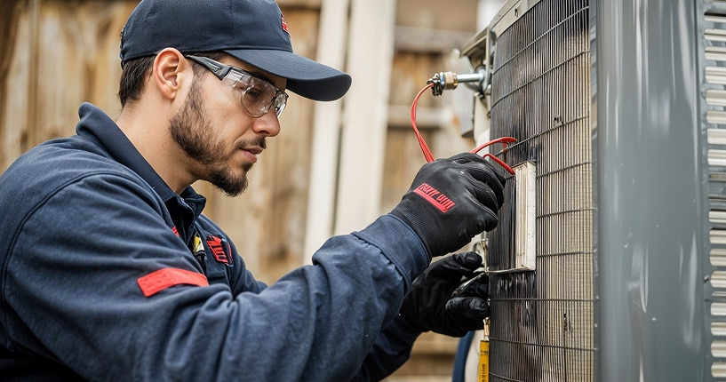 Technician repairing an outdoor HVAC unit using tools.
