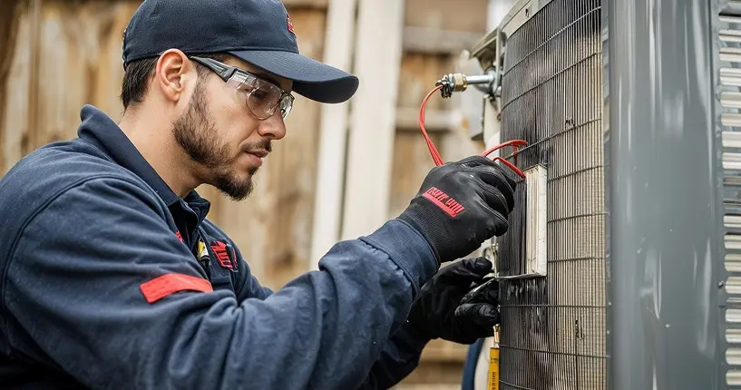 Technician repairing an outdoor HVAC unit using tools.