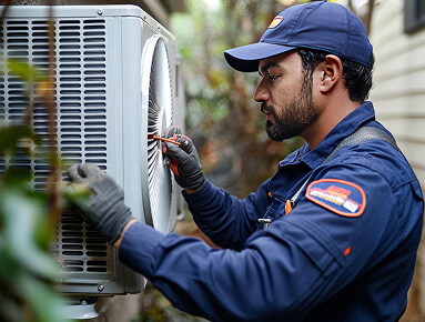 technician servicing outdoor AC unit